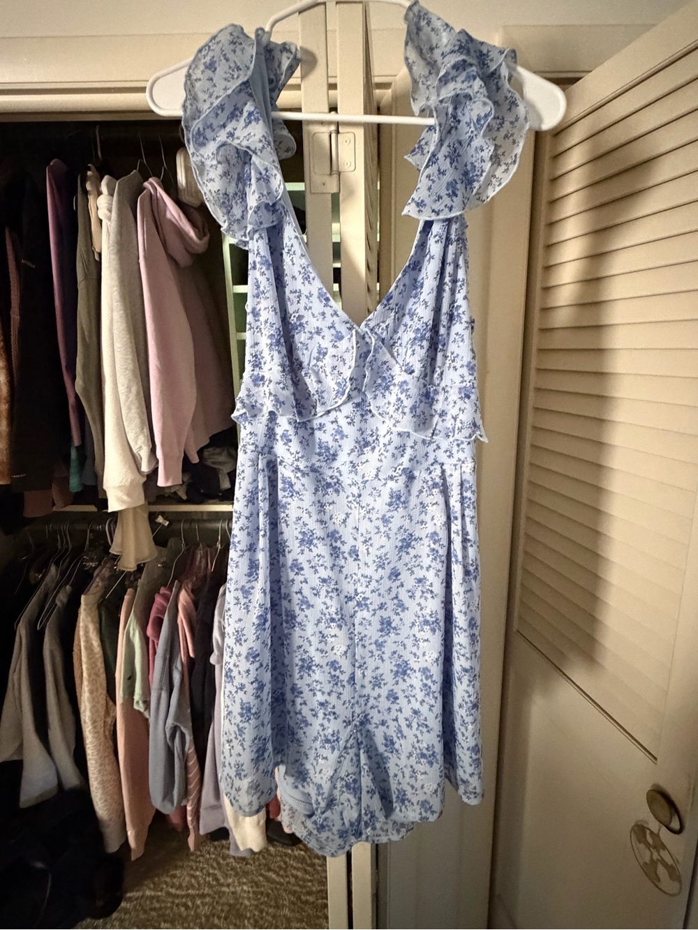 Francesca's Collections Baby Blue Floral Ruffle-Strap Romper